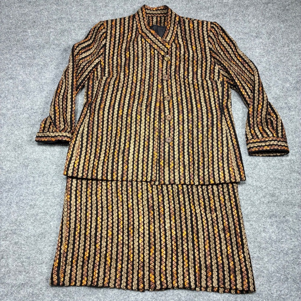 Vintage Clemo Tommy Skirt Suit Womens Medium Black Gold Stripe Career Wear